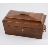 Victorian rosewood sarcophagus shaped tea caddy, fitted interior with associated glass bowl, 34cm.