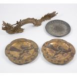 Pair of Japanese gilt and bronzed antimony plates, decorated with Samurai,