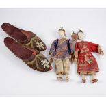 Pair of Chinese painted wood figures, embroidered costumes, badly damaged,