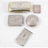 Silver pouch case, two vesta cases, circular snuff box and compact.
