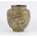 Chinese bronze shouldered vase, bearing four-character mark, decorated with bamboo, stag, and crane,