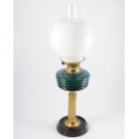 Edwardian oil lamp, with chimney opaque shade, tinted glass reservoir, brass column, circular base,