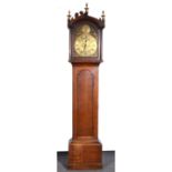 Oak longcase clock, parched hood, with shaped pediment (damaged), engaged three-quarter columns,