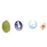 Four items of vintage jewellery, a silver and blue enamel closed crescent brooch, 25mm,