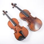 Violin, single piece back, 34cm, no label, two bows, cased; and another violin, single pieced back,