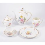 Nymphenburg coffee set, wrythen moulded, painted floral sprays, jug, milk and sugar bowl.