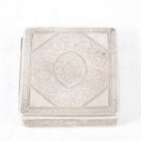A white metal hinged box, engine turned and engraved with foliate work and Arabic script, 9cm x 7.