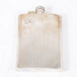A Mappin & Webb silver hip flask, vertical engine turned line design, hinged bayonet cap,