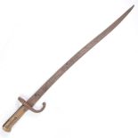 19th Century French bayonet, brass grip, shaped blade, 70cm.