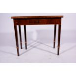 George III mahogany foldover card table, rectangular top, boxwood outlines, frieze drawer,