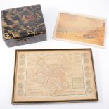 Three Japanese watercolours; another watercolour; map and lacquer box.