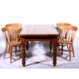 Pine farmhouse table, rectangular top with rounded corners, plain frieze, turned legs, 183cm x 89cm,