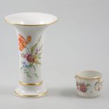 Berlin porcelain trumpet shape vase, painted floral decoration, 25cm; and a Dresden cache pot.