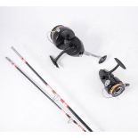 Small collection of fishing tackle, including carbon-fibre rods, and spinning reels.