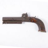 Percussion pistol, chequered walnut grip, part engraved, octagonal barrels, marked Drury, Liverpool,