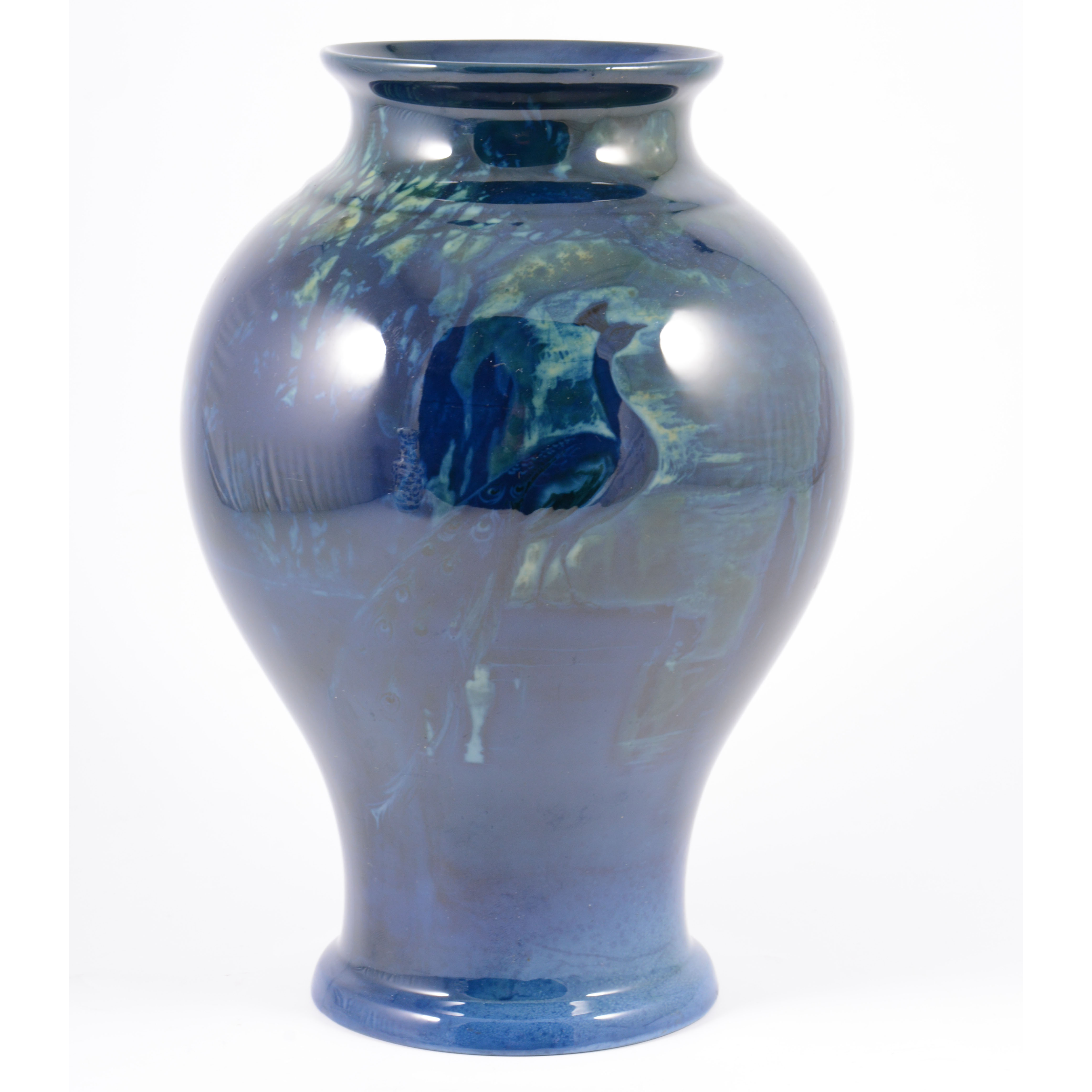 A Royal Worcester "Sabrina Ware" baluster vase, blue ground with trees and peacocks, 25cm high,
