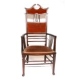 Edwardian inlaid mahogany corner chair, pierced slats, splayed legs,