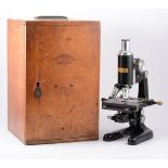 Monocular microscope by Busch Rathenow, mahogany case.