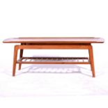 Teak coffee table, rectangular top, splayed legs joined by a shelf, 122cm x 45cm, height 44cm.