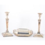Pair of Sheffield plate neo-classical candlesticks, 31cm; together with an entree dish.