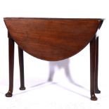 George III cherry wood drop-leaf table, with pad feet, 92cm x 105cm, height 72cm.