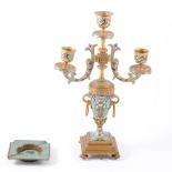 French gilt metal and champleve enamelled three-light candelabra,