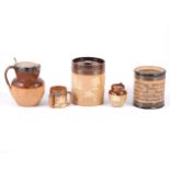 Doulton Lambeth stoneware jug, silver collar and flat lid, maker's mark rubbed, Sheffield,