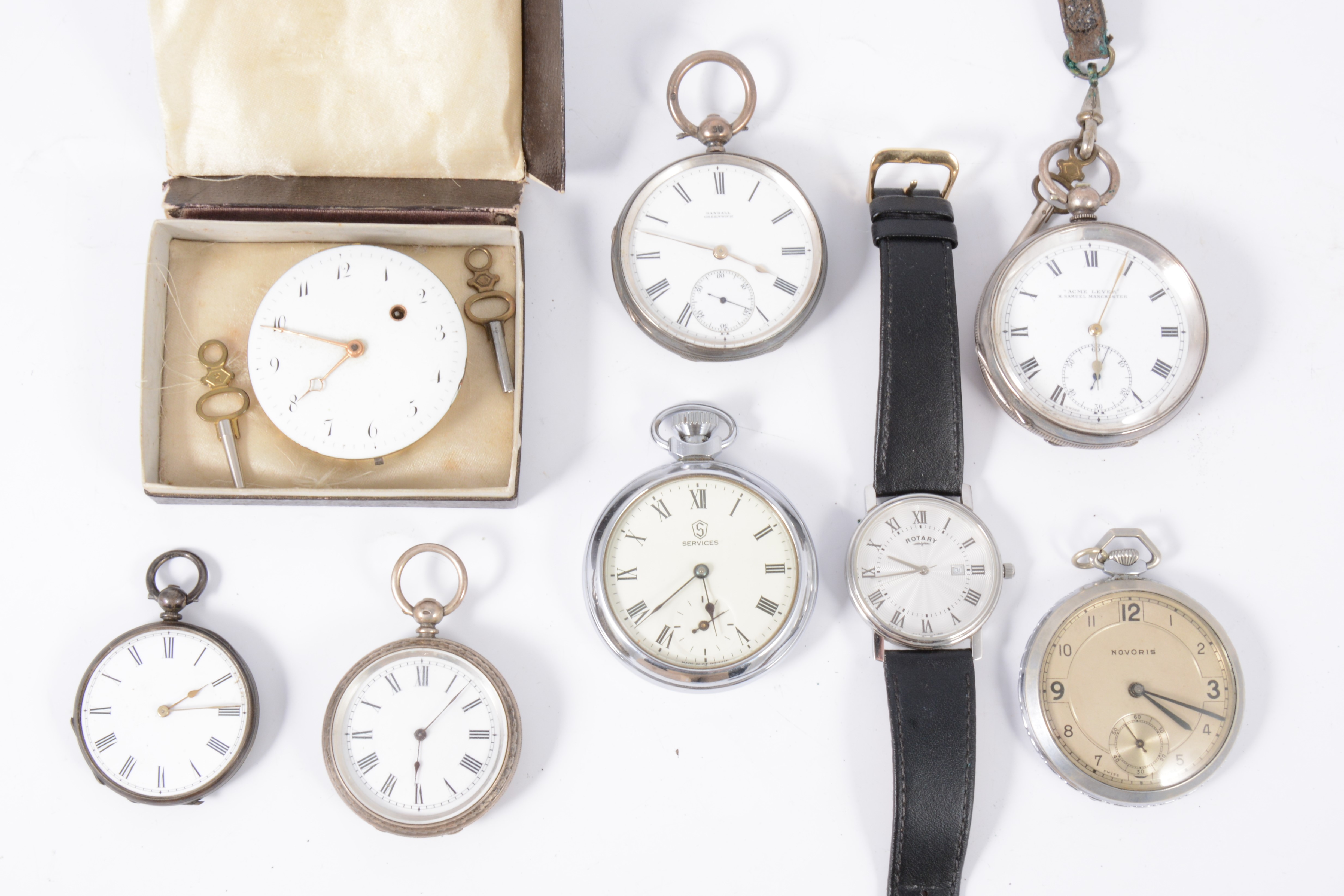 Six white metal open face pocket watches and a gentleman's Rotary wrist watch,