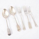 Six silver table spoons and four table forks, Old English and Fiddle pattern,