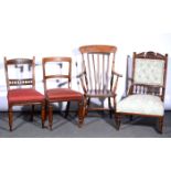 Elm and beech spindle back farmhouse elbow chair, turned legs and rails,