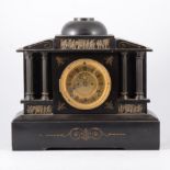 Victorian slate mantel clock, architectural case, circular dial, with Roman numerals,