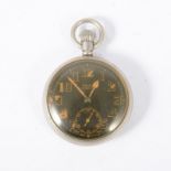 Rolex - a nickel cased open face pocket watch, black dial with luminous arabic numerals and hands,