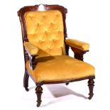 Victorian walnut armchair, carved and shaped frame, upholstered back arms and bowfront seat,