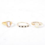 Three gem set dress rings, an oval cabochon cut opal in a solitaire mount marked 9ct, ring size R,