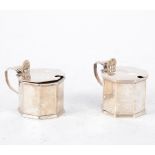 Pair of silver octagonal mustard pots, lacking original liners.