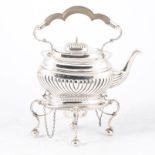 A Victorian silver kettle/teapot on stand, oval half fluted body with gadroon edge on matched stand,