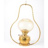 Brass hanging light, with tinted glass shade.