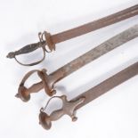 Two Turkish swords, curved blades, shaped guards, approximately 90cm; and another antique sword,