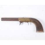 Percussion cap under pin pistol, chequered walnut grip, engraved frame, octagonal barrel,