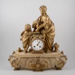 French alabaster and gilt spelter mantel clock, cylinder movement with bell, cloth covered plinth,