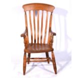 Elm and beech slat back farmhouse elbow chair, turned legs joined by rails, 58cm.