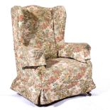 Edwardian wing-back fireside chair, machine woven tapestry covers, square tapering legs, 81cm.