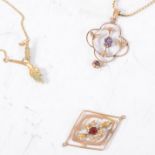Five vintage pendants, four on chains,