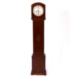 Oak grandmother clock, case with beaded outlines, silvered dial, the movement striking on a gong,