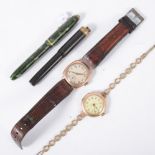 9ct gold cased wristwatch, leather strap,