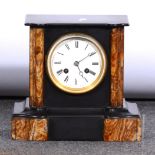 Victorian slate and marble mantel clock, circular enamelled dial, French cylinder movement,