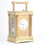 French brass cased repeating carriage clock, case with Corinthian columns, ivorine face,