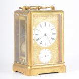 A French brass case alarm carriage clock, moulded outlines, enamelled dials,