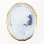 An onyx cameo brooch, an oval blue and white onyx cameo 45mm x 35mm,