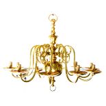 Dutch style brass seven-light chandelier, bulbous knopped stem,